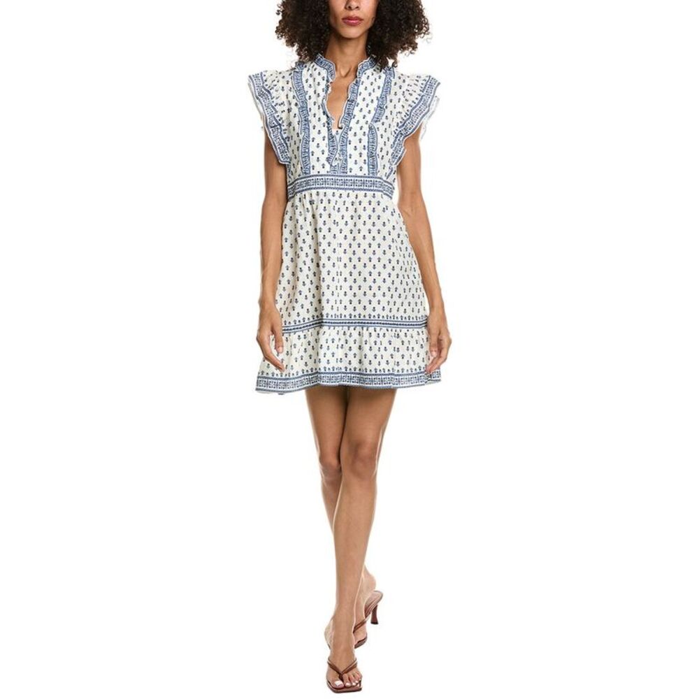 Max Studio Womens Ruffle Sleeve Split Neck Mini Dress, Blue